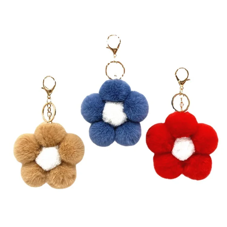 Multicolor Large Puff Key Ring Bag Car Key Pendant Fur Ball Plush Key Chain Pom Pom Flower Fluffy Key Chains For Handbag Charm