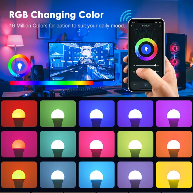 Indoor Color Changeable RGB Led Light Bulb Aluminum Plastic 9 watt E27 Tuya Beacon Smart Bulb