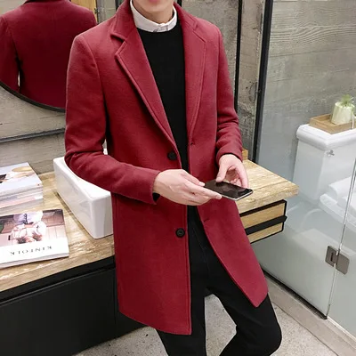 Solid Color Casual Fashion Men Long Coat Breathable Thermal Wool Coat Trench Coat