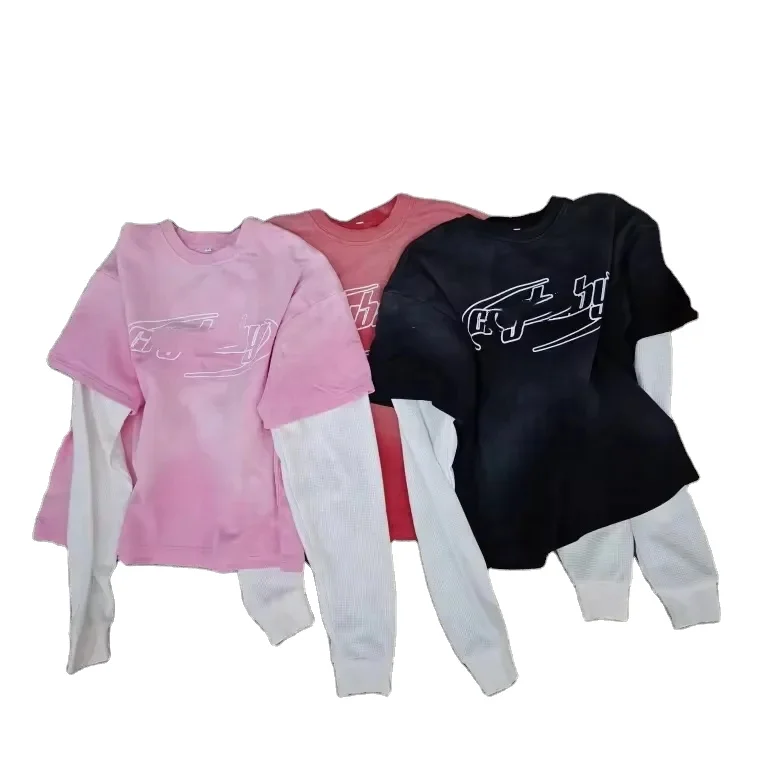 Custom Screen Print T-Shirt Vintage Cotton Double Layer Long Sleeve Top Acid Wash T Shirt For Woman