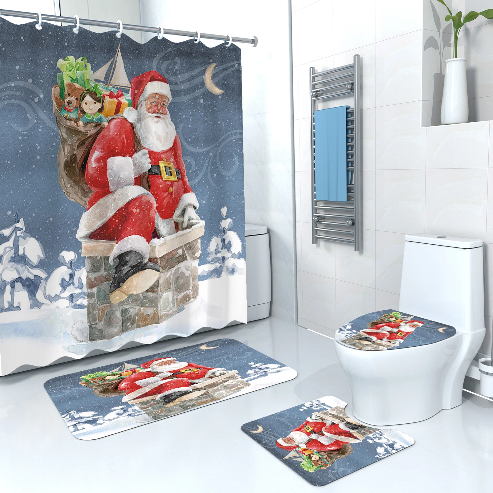 Customized Christmas Bathroom Sets 4-PC Christmas Shower Curtain Shower Bath Mat Set