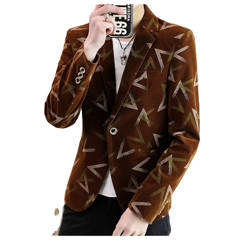 
Мужской Slim Fit костюм Молодежные повседневные золото бархат печатные Блейзер на одной пуговице костюм из плотной ткани, куртка на осень и зиму, Повседневная обтягивающая куртка 