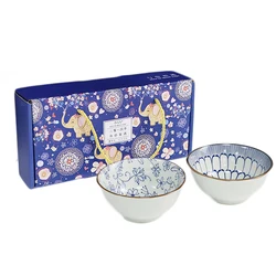 EGRAND White And Blue Decal Ceramic Bowl Stackable Soup Noodle Salad Bowls, Custom logo and Gift Box