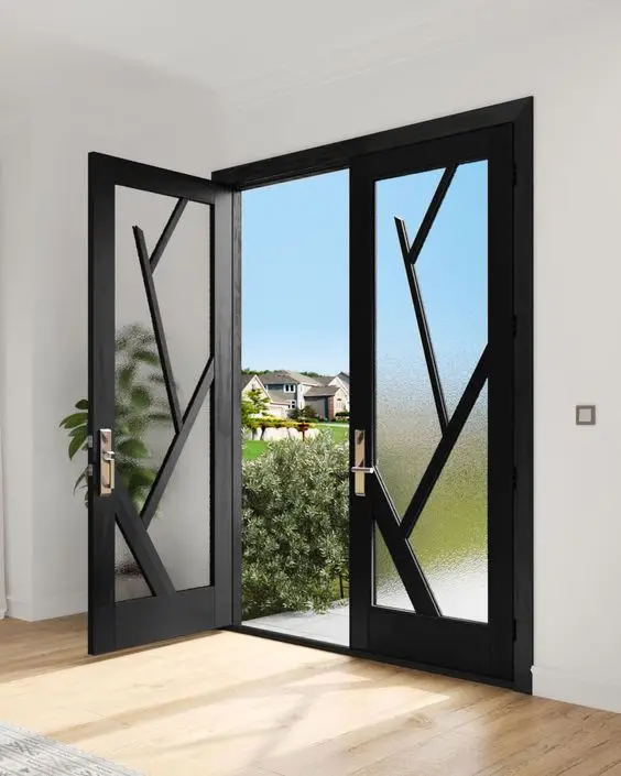 Oak Solid Wood Double Door Are Black frame fancy Design Full Lite Artistic Lite Designer SDL Shaker For Apartment Villa
