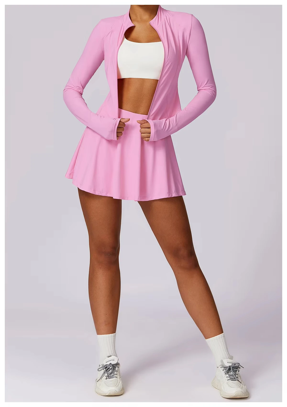 OEM Women Sports Long Sleeve Jacket Tennis Skirts Two Pieces Sets Fitness Yoga Wear Set