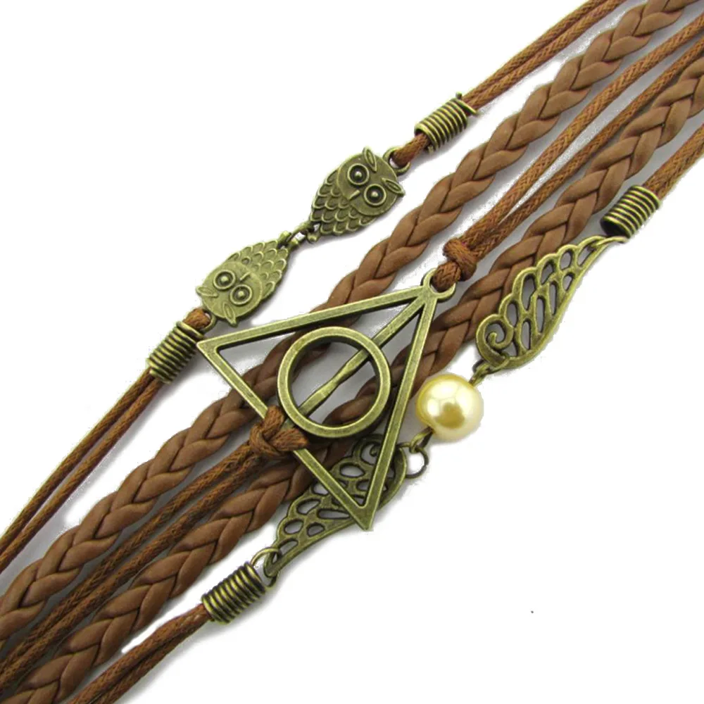 New Style Vintage Leather Rope Harry Antique Bronze Snitch Owl Wings Retro Punk Pendant Jewelry Bracelet for Women Men