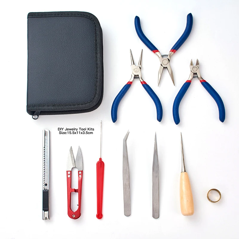 electroplate 10Pcs Jewelry Tool Kit Diy Tools Set  for Jewelry Making Repair with Plies Scissor Beading Tweezers and Pins