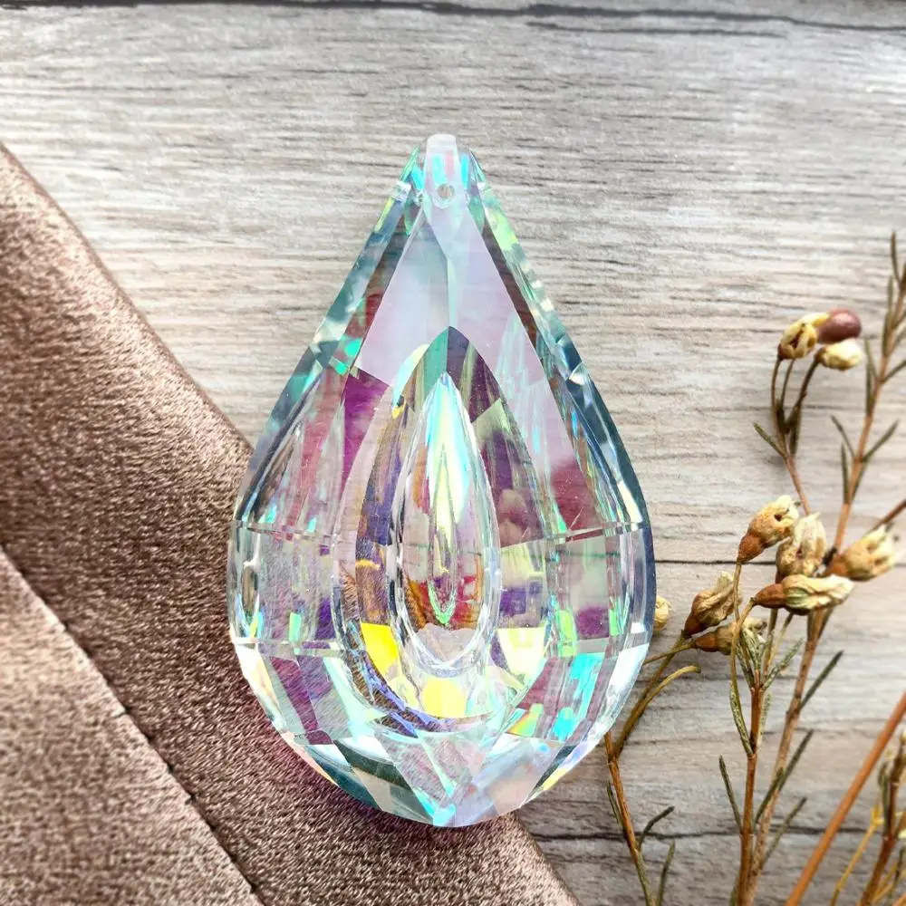 H&D Colorful Lamp Prisms Parts Loquat Shape Chandelier Glass Crystal Hanging Drops Pendants 76mm Christmas Decoration Suncatcher