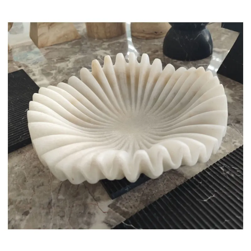 HZX Classic White Natural Stone Marble Flower Decorative Bowl Home Fruit Jewelry Marble Onyx Travertine Contemporary Bowls