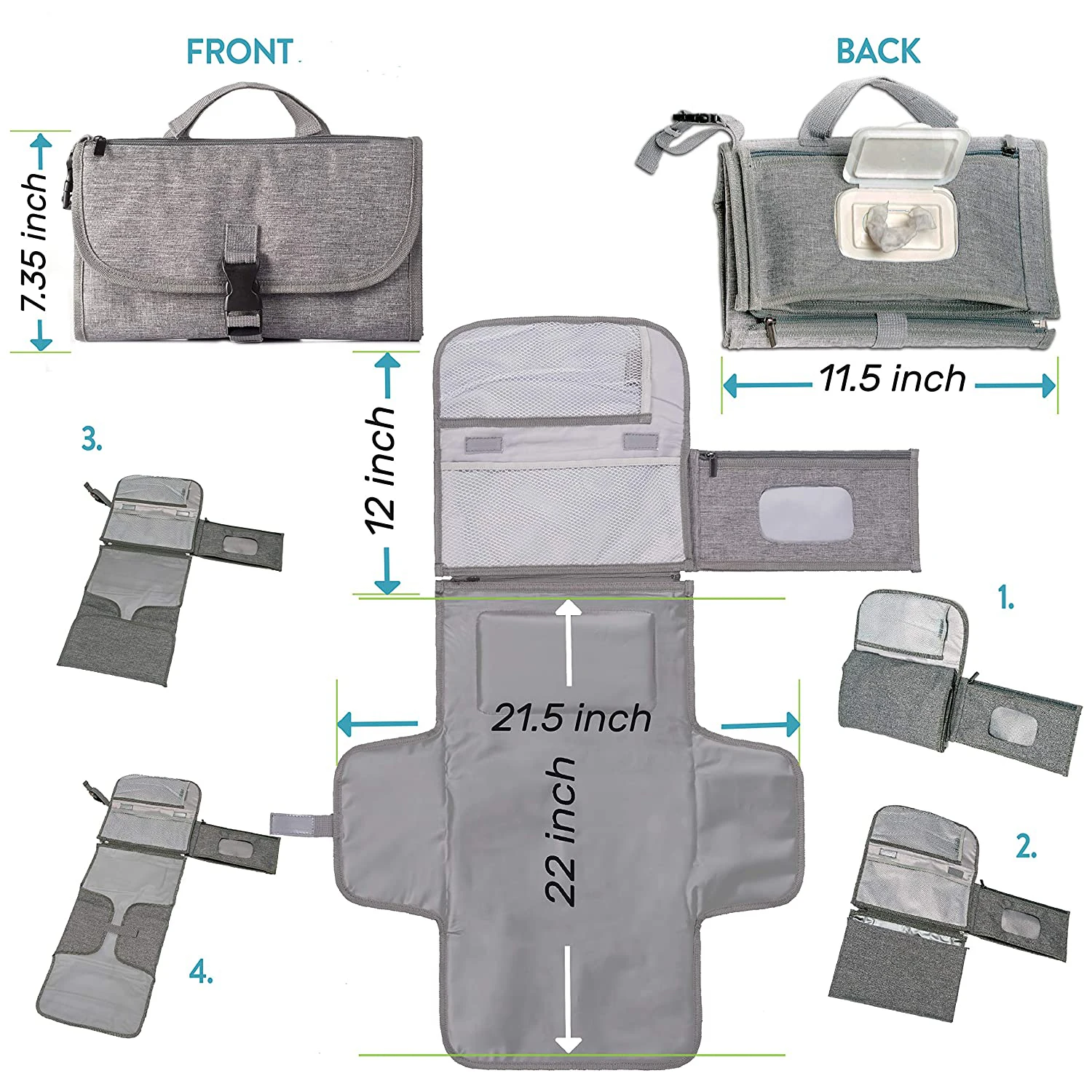 Waterproof Travel Changing Kit for Newborn Babies Portable Diaper Stackers & Caddies with Smart Wipes Pocket and Changing Pad