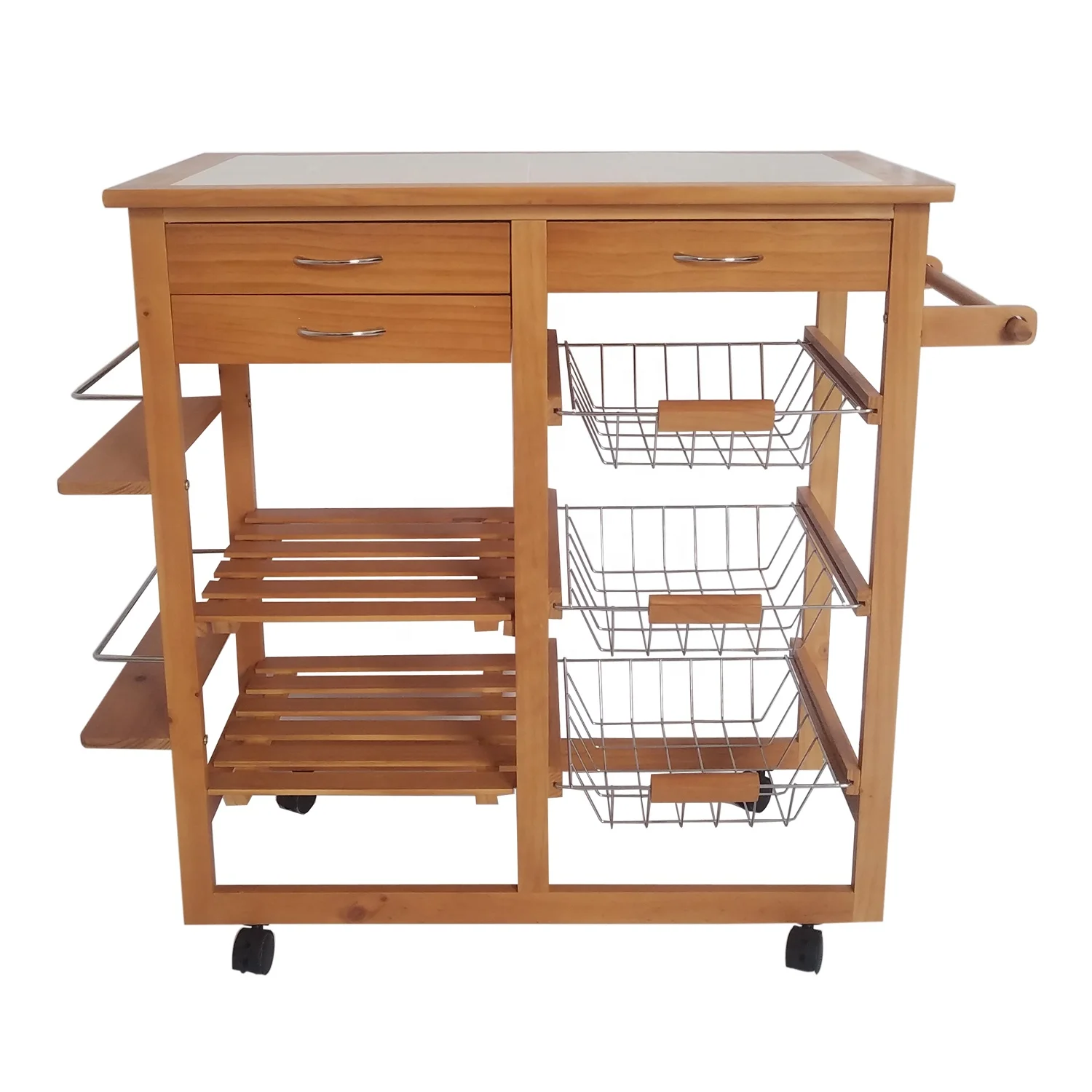 Передвижная Кухонная Тележка на колесиках с 3 выдвижными ячейками и полкой для полотенец