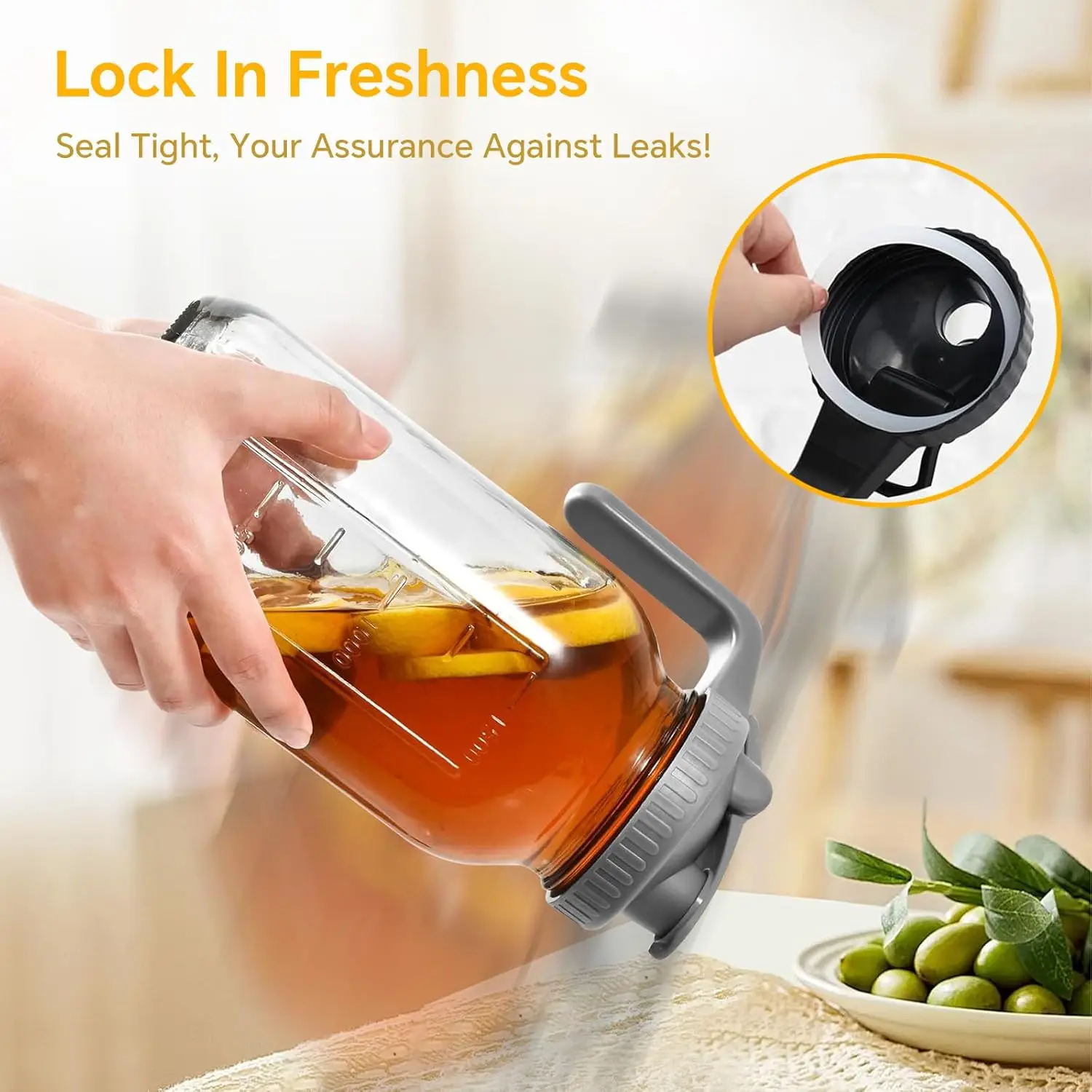 32 oz 64 oz Glass Double Handle Water Jug Wide Mouth Breast Milk Pitcher Fridge Container Mason Jar with Airtight Pour Spout Lid