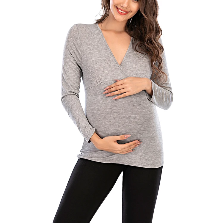 RTS футболки с V-образным вырезом для беременных женщин с длинным рукавом Однотонная Одежда для беременных