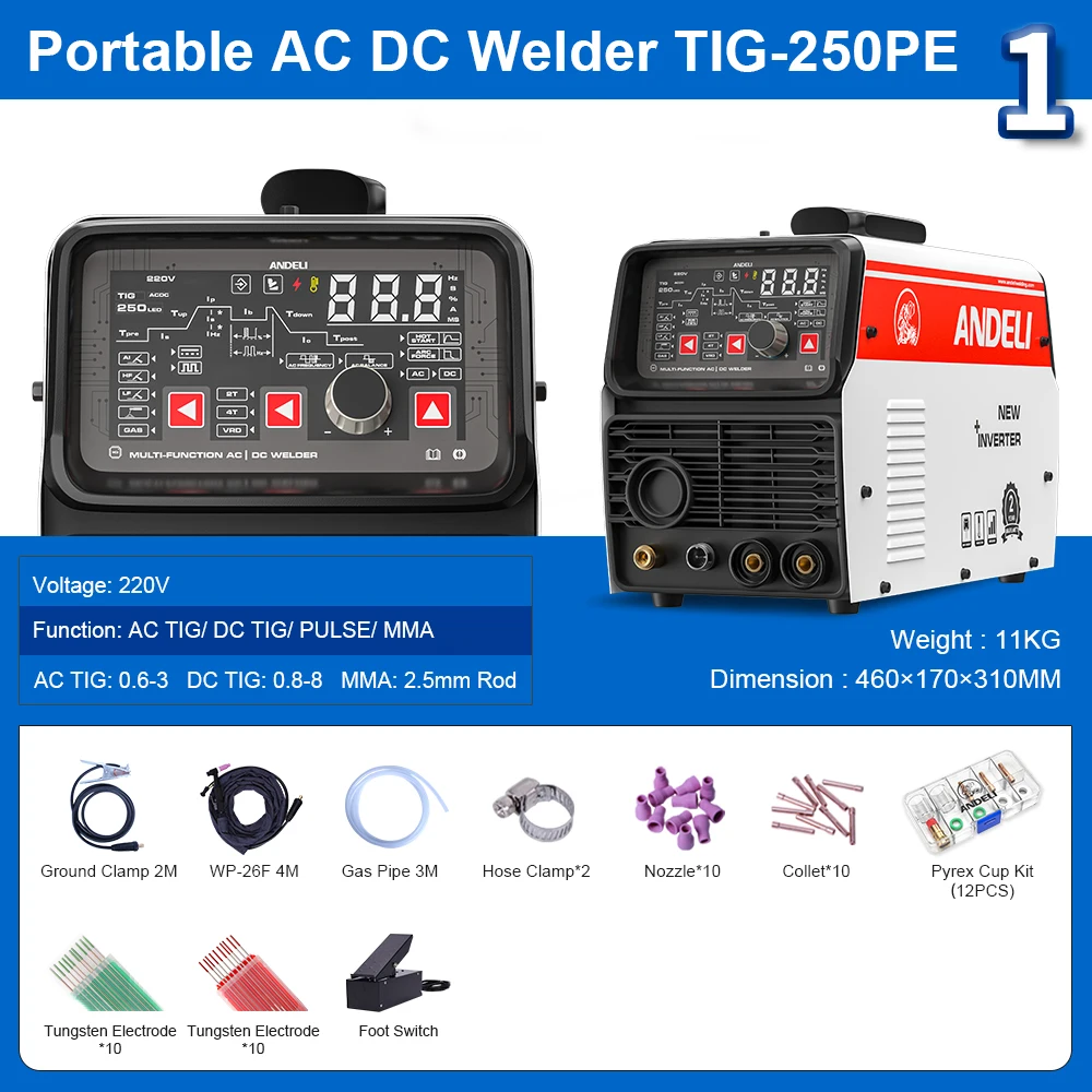 ANDELI Free ShippingTIG-250PE LED 220V AC DC TIG Welder TIG Welding Machine AC TIG Cold Pulse  Aluminum Welding MMA Spot