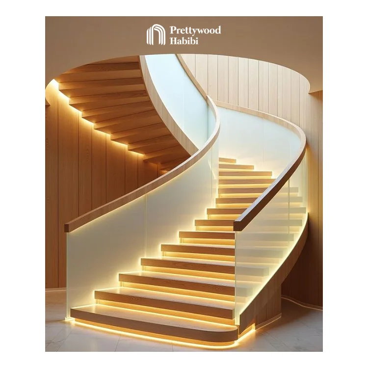 Prettywood Indoor Spiral Curved Staircase Apartments Modern Glass Wooden Railing Design Circular With Treads Lighting