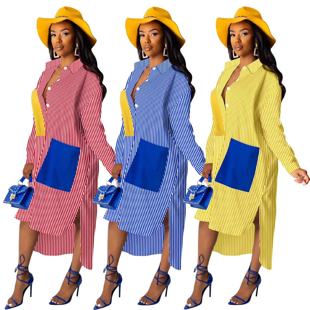 Готово к отправке, оптовая продажа 2019 Лидер продаж Женская одежда характеристикой на каждый день на осенний сезон, раздел с длинными рукавами (рубашка с карманом и платье в стиле пэчворк, одежда 5 цветов