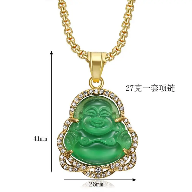 Crystal Laughing Religious Maitreya Carved Jade Buddha Pendant 18k Gold Plated Stainless Steel Buddha Necklace
