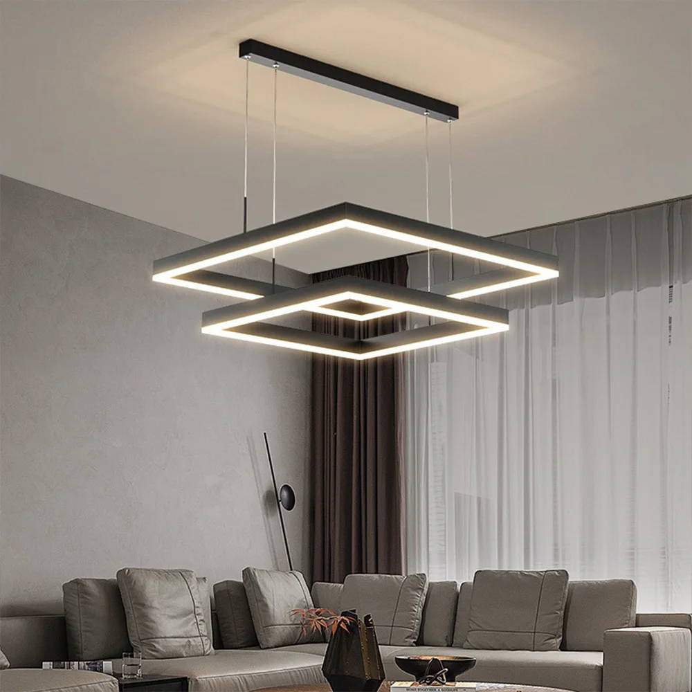 Simple design art line pendant lamp villa living room modern black led chandelier square metal line chandelier