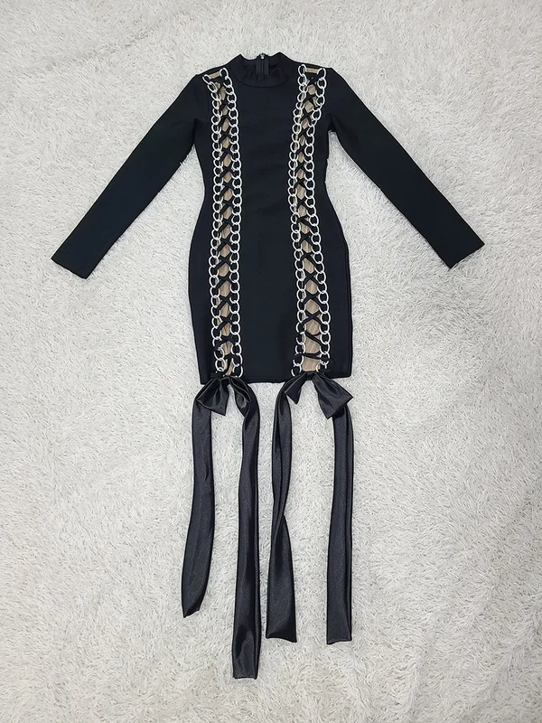 C3671 New Arrival Boutique Women Dress Long Sleeve Wrap Hip Lace Up Patchwork Long Sleeve Sexy Bandage Women mini Dresses