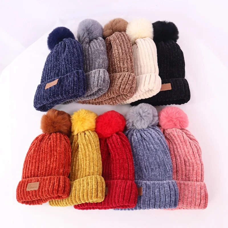 New Design winter pompom beanie hat scarf gloves 3 piece set thickened warm chenille wool hat for baby boys and girls  2-8y