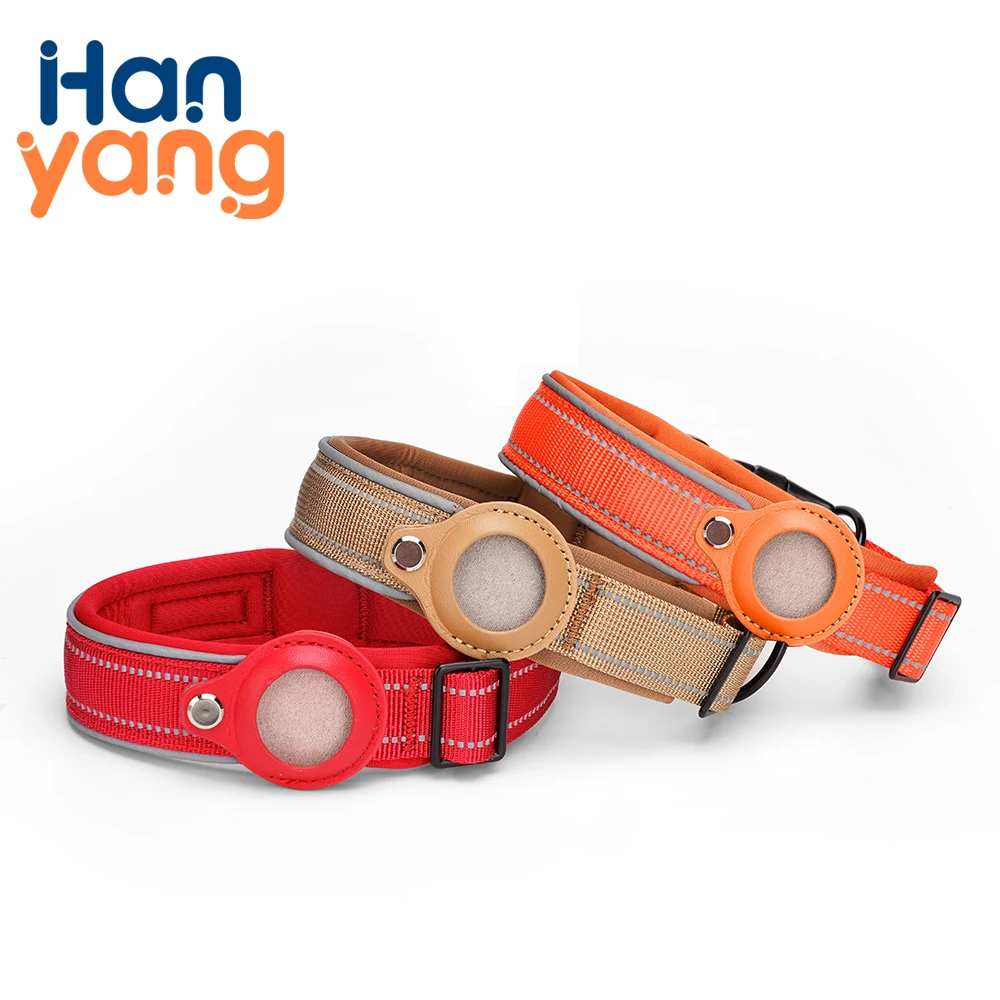 Hanyang OEM Custom Luxury Tactical Gps Tracker Nylon Stainless Waterproof Holder Pet Dog Collar with Apple Airtag Case