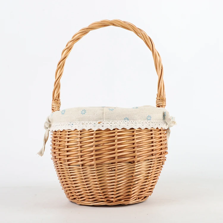 2022 Hot Sale wicker Weave  Handle Basket With hemp blue printed lining
