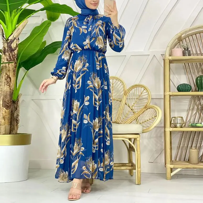 Wholesale Pleated In Dubai Muslim Modest Dress Style Long Sleeve Floral Maxi Dress Fashion Modern Moroccan Style Dresses