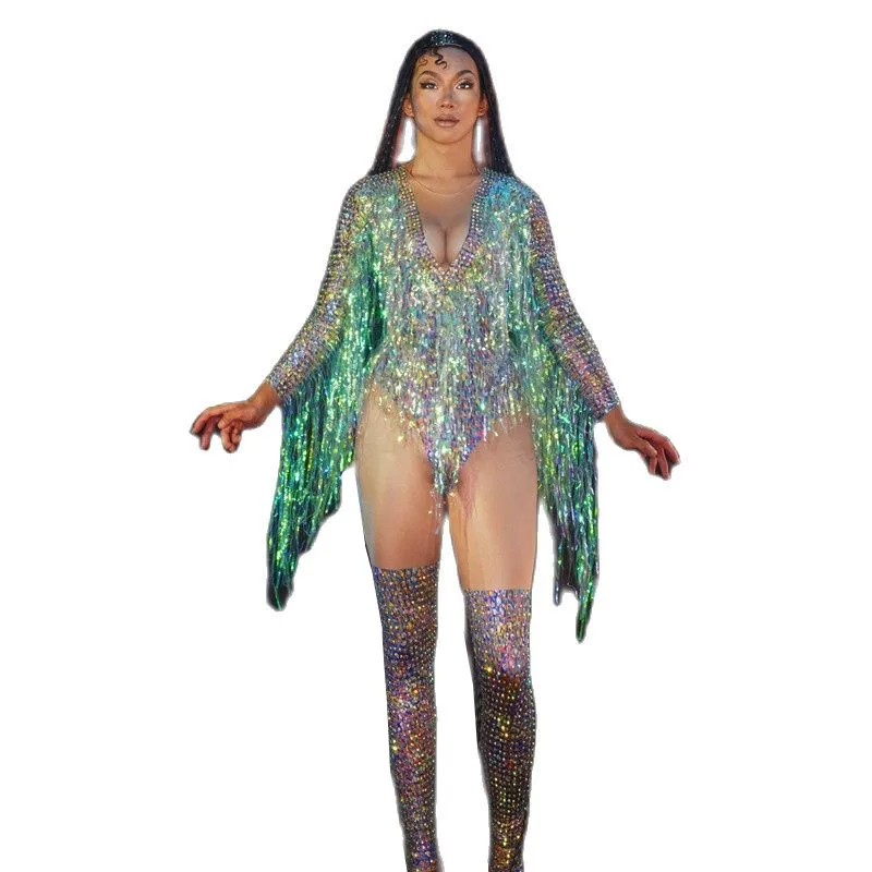 Sparkly Sexy Bodycon Colorful Rhinestones Tassel Rompers Women Showgirl Club Jumpsuits Playsuit Performance Wear Stage Costumes
