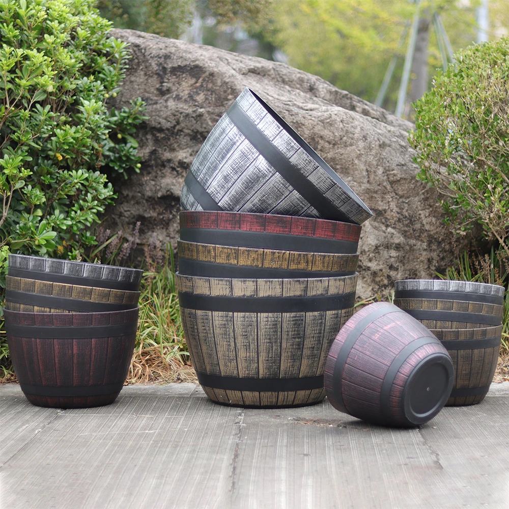 Durable Plastic Wood-Look Barrel Planters 12/15/20 Inch Resin Flower Pots for Garden Factory Wholesale-Orchid Cactus
