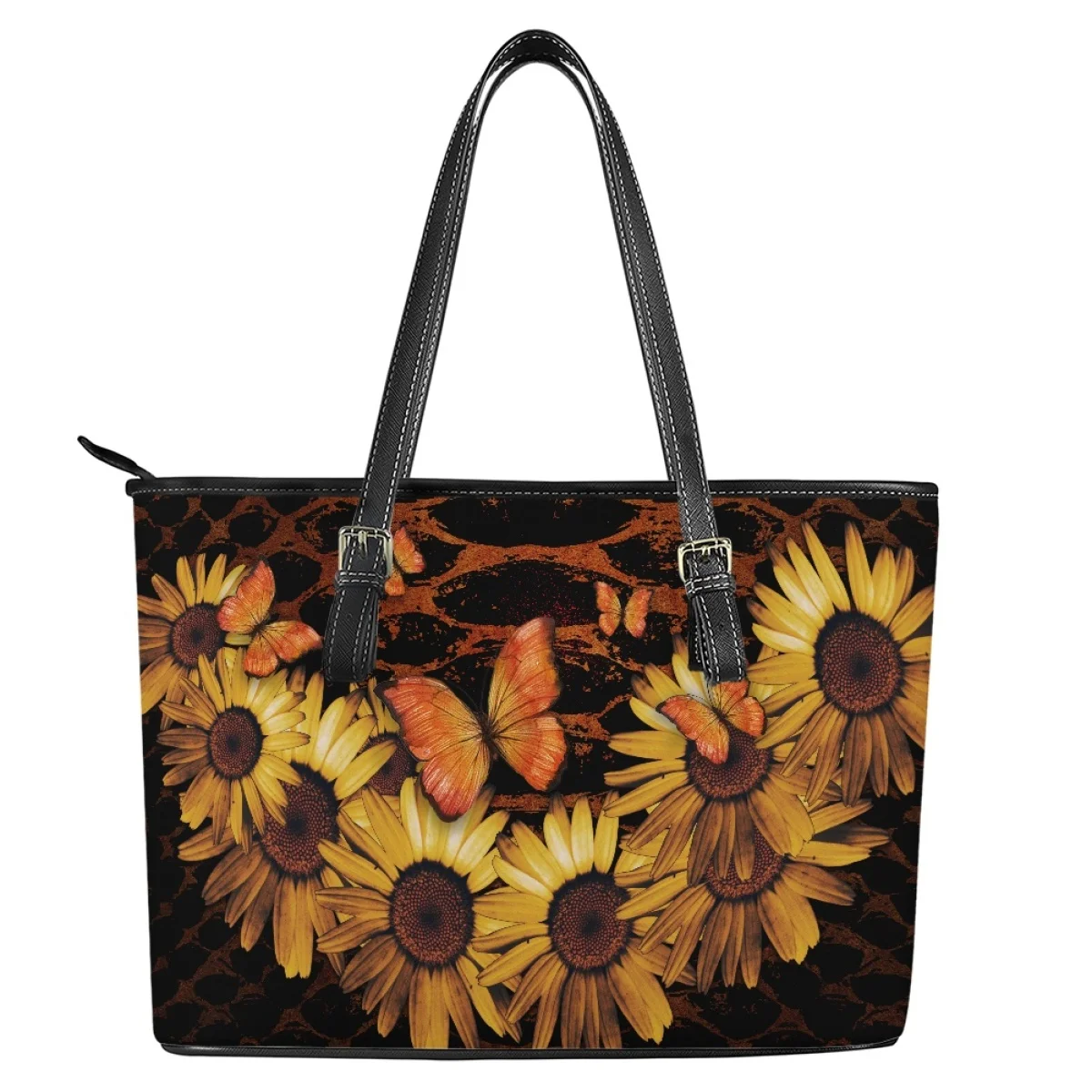 Print On Demand Custom Women One Shoulder Sunflower Snake Pattern Bag PU  Personalized Leather  Bag  Printed Grandma Tote Bags