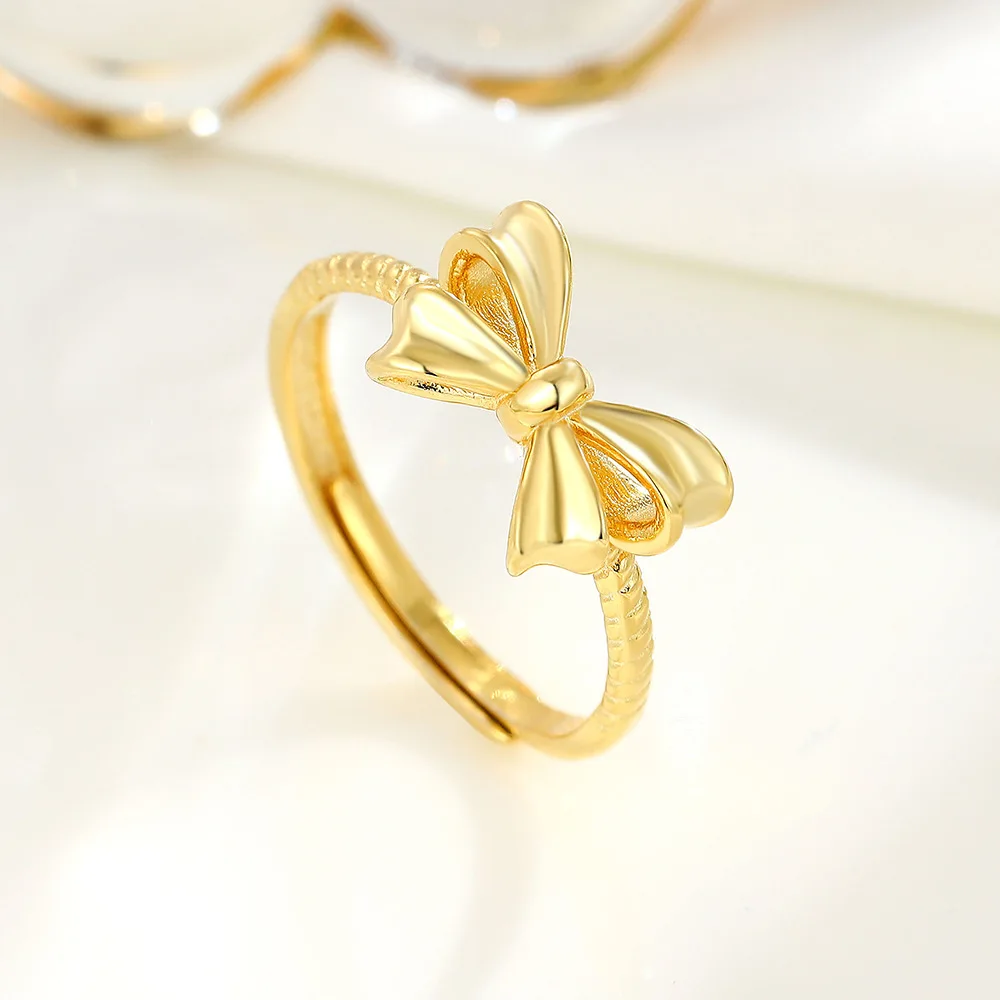 Ins Delicate Gold Plated Smooth Bow Shape Band Rings S925 Sterling Silver High Polished Bowknot Rings