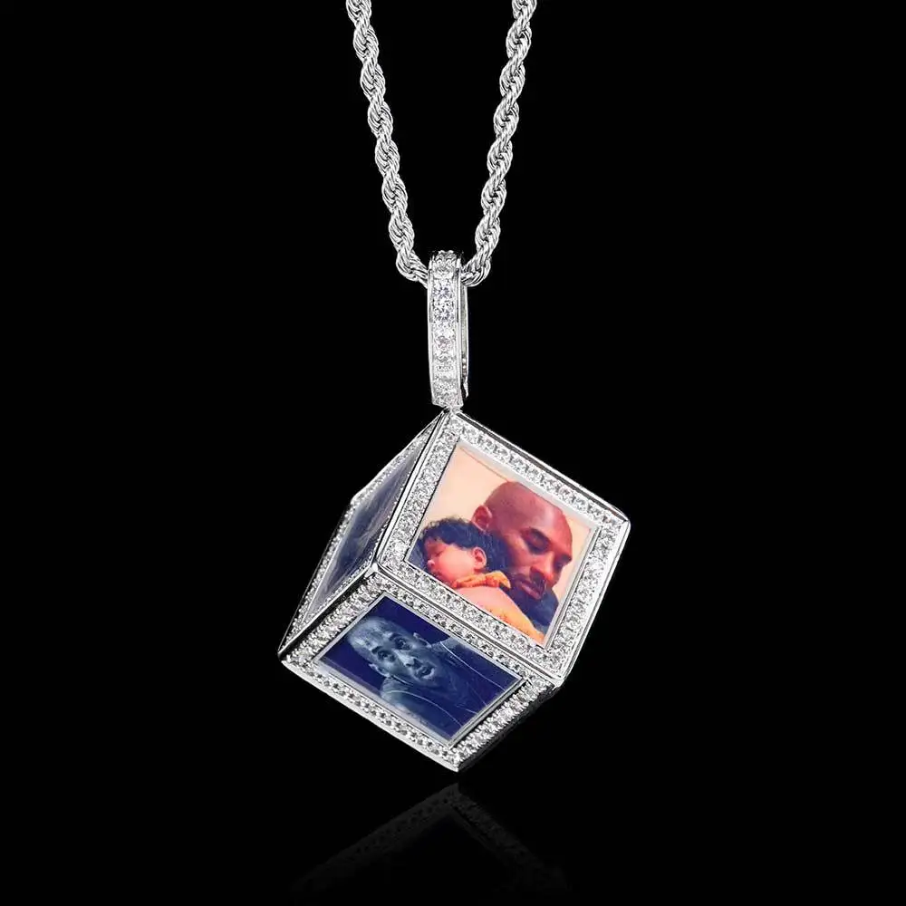 Customizable Brass Cube Pendant Photo Necklace Trendy Hip Hop Ice out Necklaces with Family Personalized Portrait for Weddings