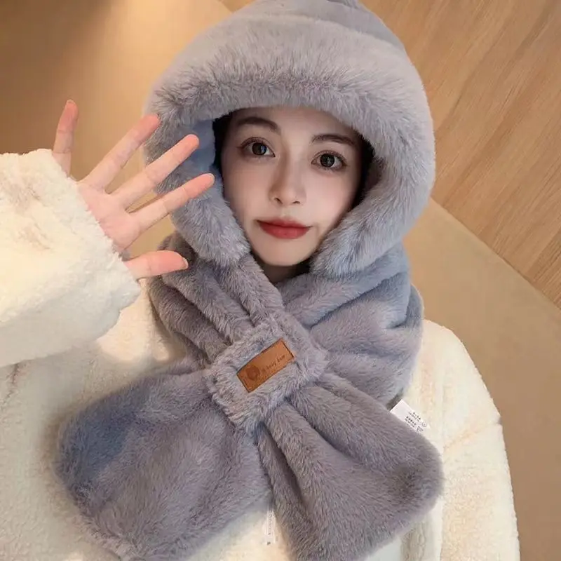 Hat scarf-body women autumn and winter 2023 explosions cute plush cold-proof hooded ear protection Korean version of Joker warm