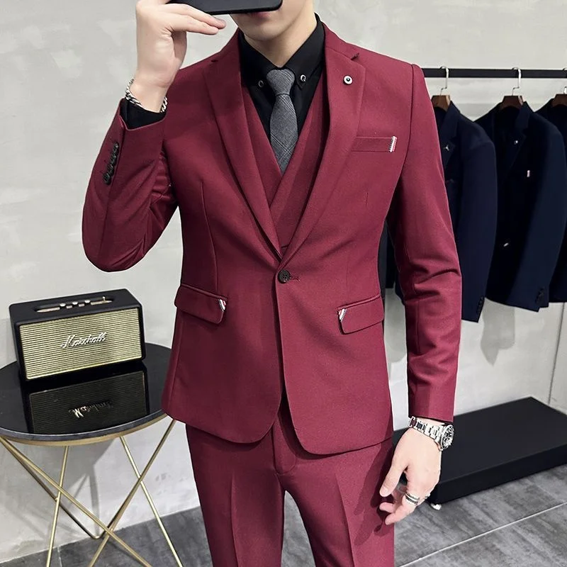 Spring the latest Korean men slim Business formal social delicate double breasted waistcoat wine red party dress men