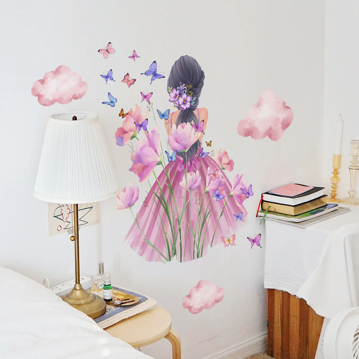 Beautiful Flowers View of Girls Back Wall Sticker For Kids Room Indoor Wallpaper For Decoration And Promotion