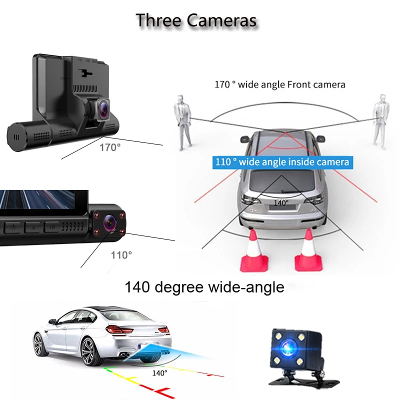  Прямая продажа Автомобильный видеорегистратор 3 объектива камеры Dashcam 1080P HD 4 дюймовый сенсорный экран авто видеомагнитофон фронтальная камера заднего вида 24 часа в сутки черный