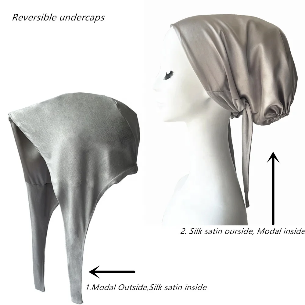 New Designs Double Layer Reversible Muslim Women Undercaps Soft Modal Jersey Satin Lined Silk Inner Under Scarf Hijab Caps