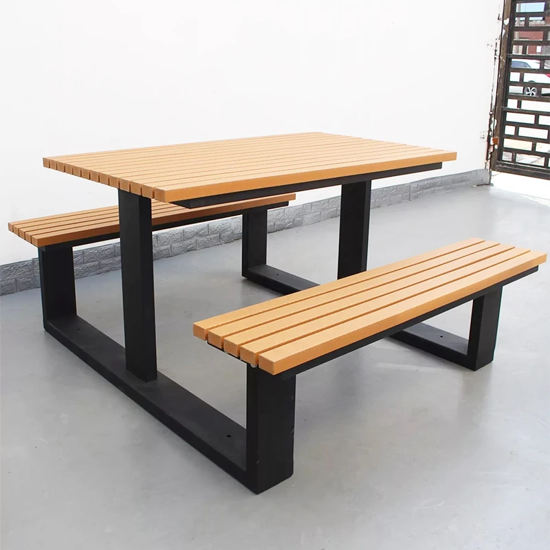 Park patio furniture outdoor garden wood plastic pvc composite wpc picnic dining metal steel table top chair set slat
