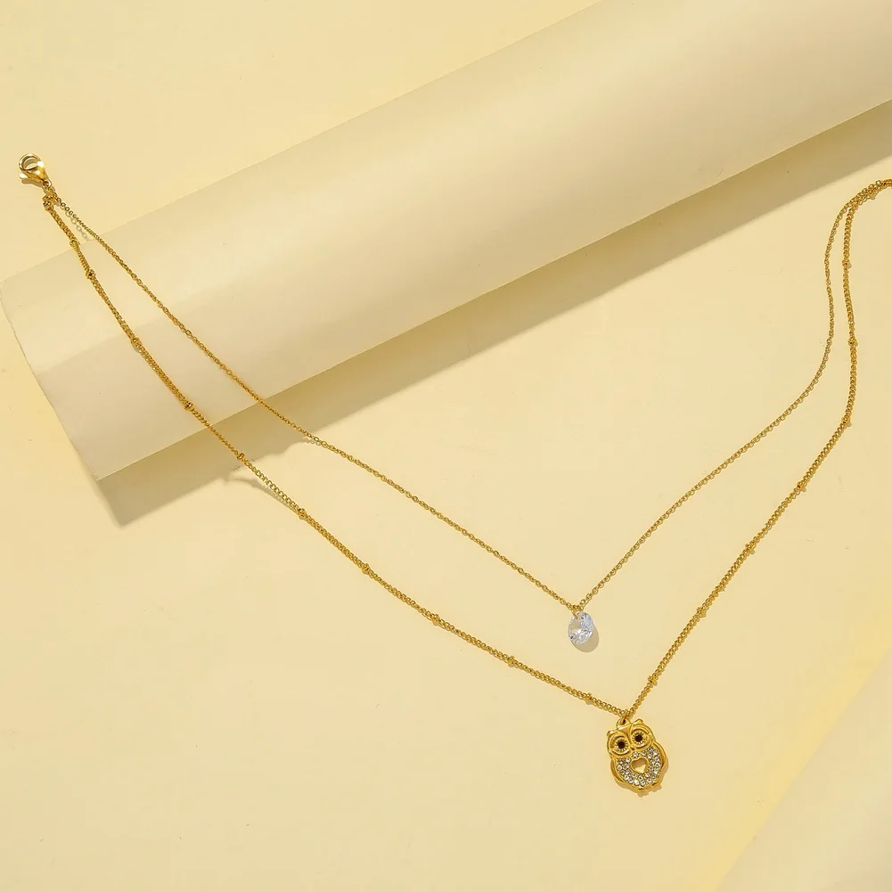 New style stainless steel gold-plated double necklace owl zircon pendant fashion titanium steel clavicle chain accessories