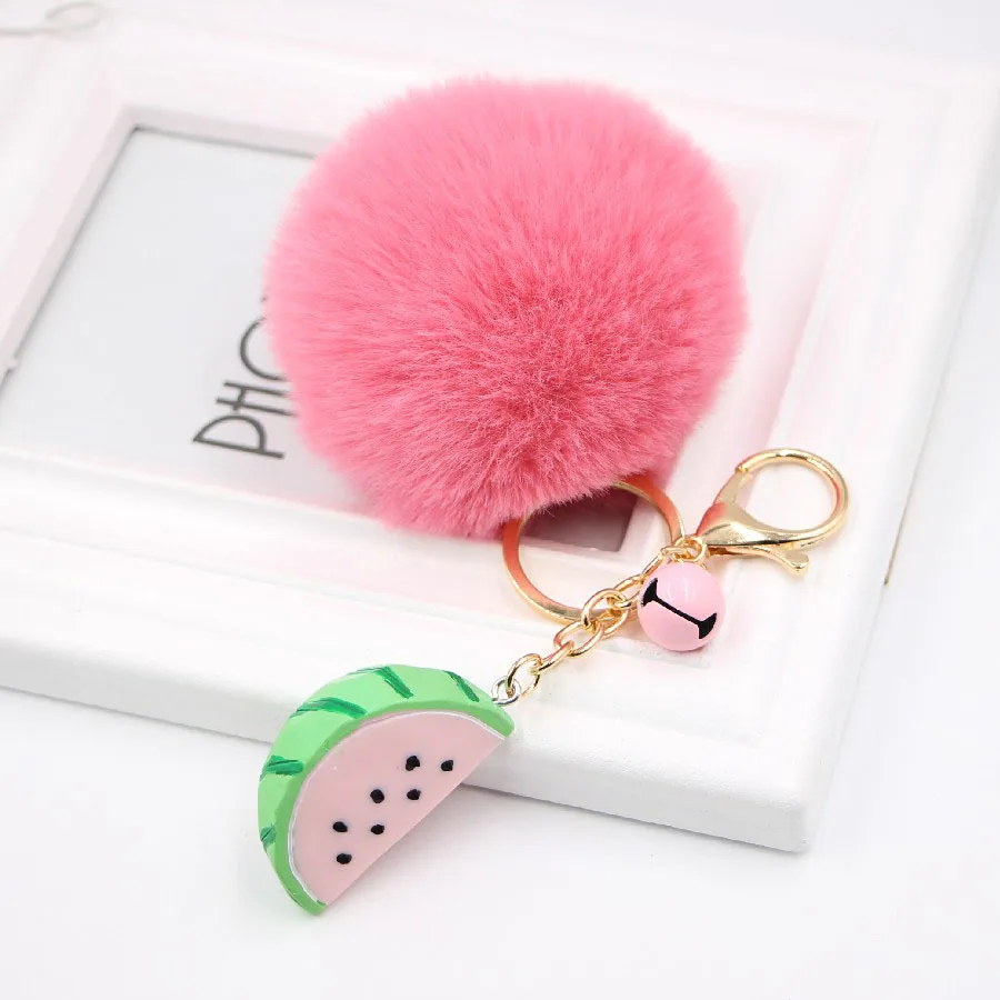 Kawaii pom Pom Key chains Fake Rabbit fur ball key chains pompoms de fourrure fluffy Bag Charm Pendant decor watermelon keychain