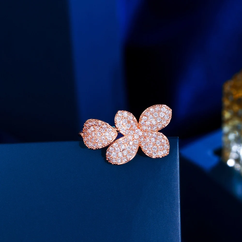 Adjustable Fashion Rose Gold Color Cubic Zirconia Flower Leaf Open Cuff Rings Women Korean Luxury Engagement Party Gift Jewelry