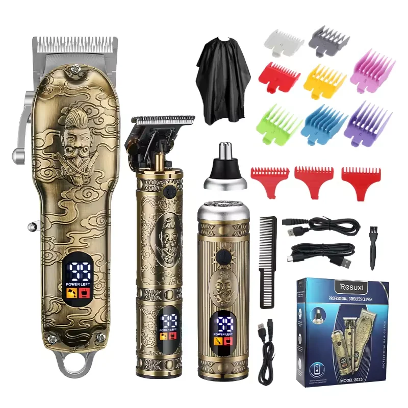 Professional Rechargeable Electric Replacement Blade Men Barber Machine Hair Trimmers Clippers Set Gold Stainless Steel 3 Hours