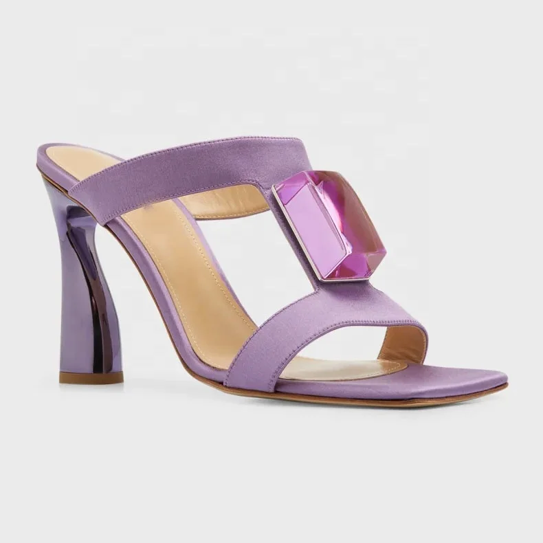 Anmairon Fashion Royal Blue Satin Square Toe Chunky Heel Dress Sandals Luxury Special Heel Woman Mules Shoes