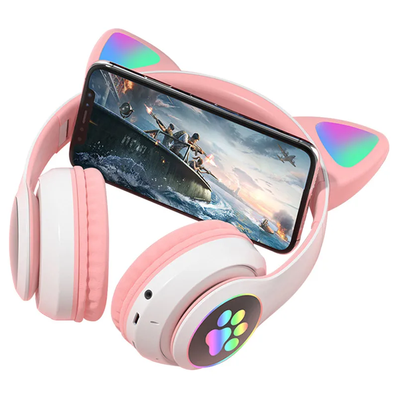 LED Cute Cat Ears Headphone Gift Wireless Headset Kid Gifts with Mic MP3 FM Girl Stereo Music Earphone