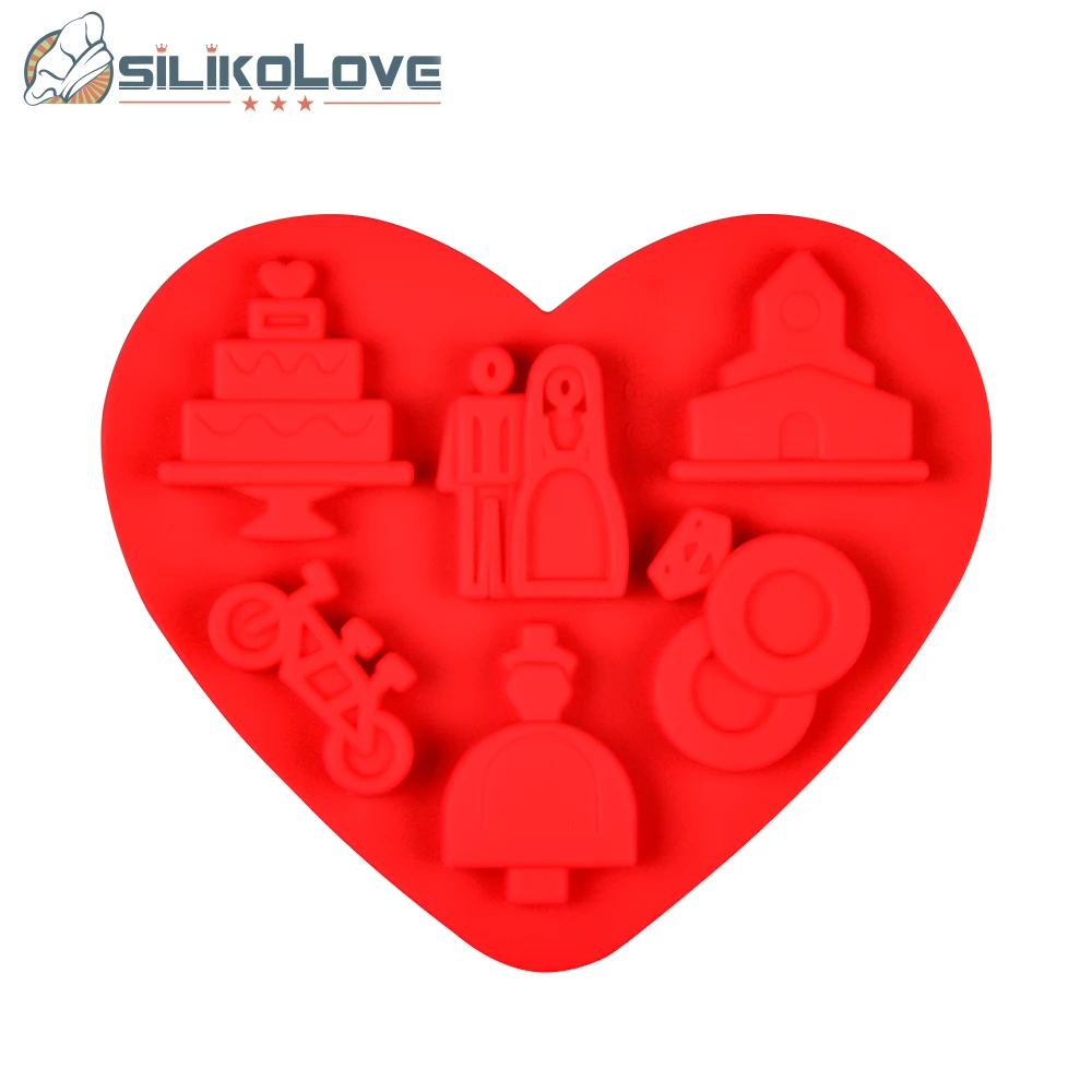Mini heart silicone wedding pastry chocolate decoration mold wedding ring , dress , cake , tower , bicycle shape