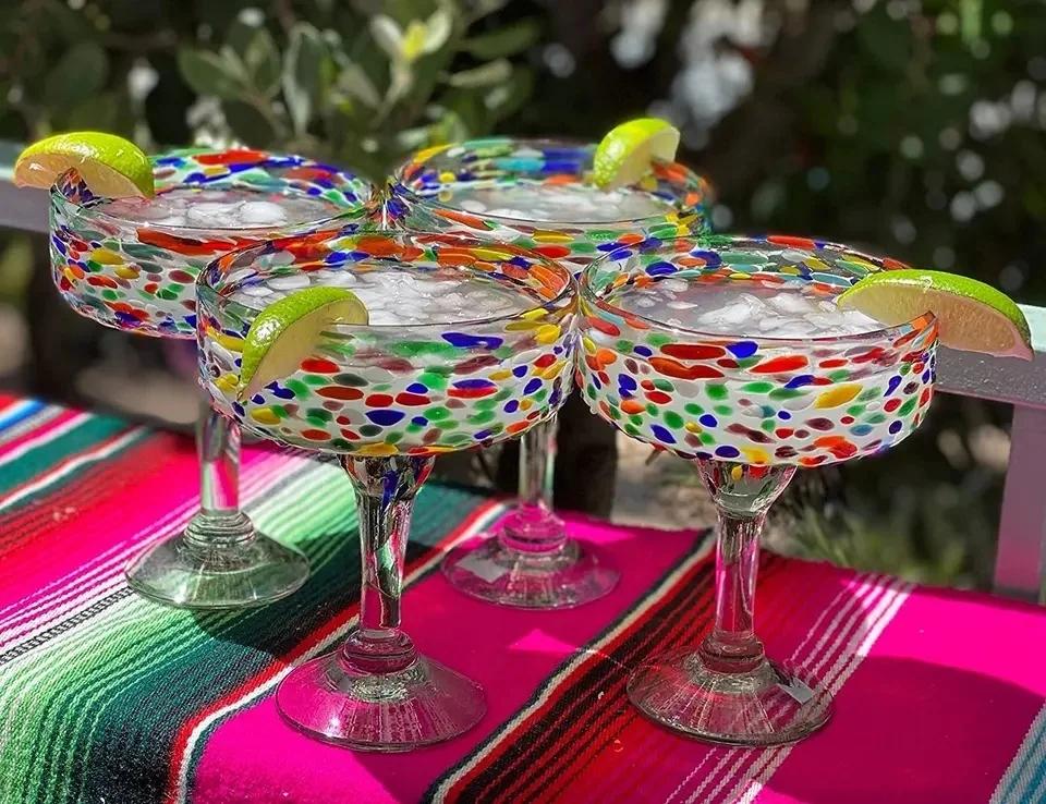 Mexican Hand Blown Recycled Shattered Colored Stemmed Durable Margarita Martini Cocktail Glass