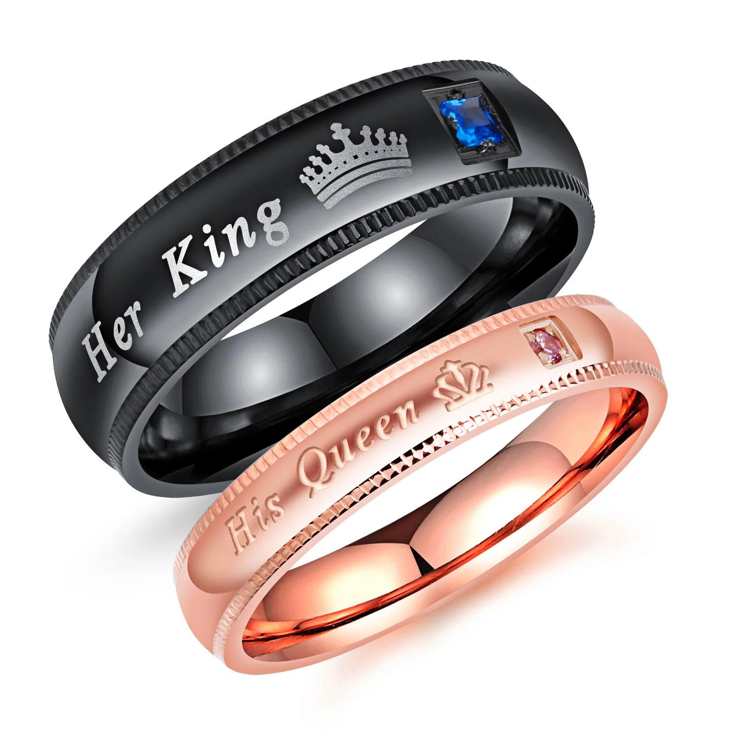 Wholesale Stainless Steel Her King His Queen Couple Ring Rose Gold And Black Wedding Band Ring  for Couples Men Women