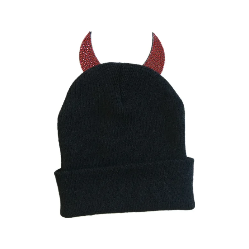 Beanie Hats Crochet Knit Kawaii Caps for Girls Women Winter rhinestone Animal devil horn hat