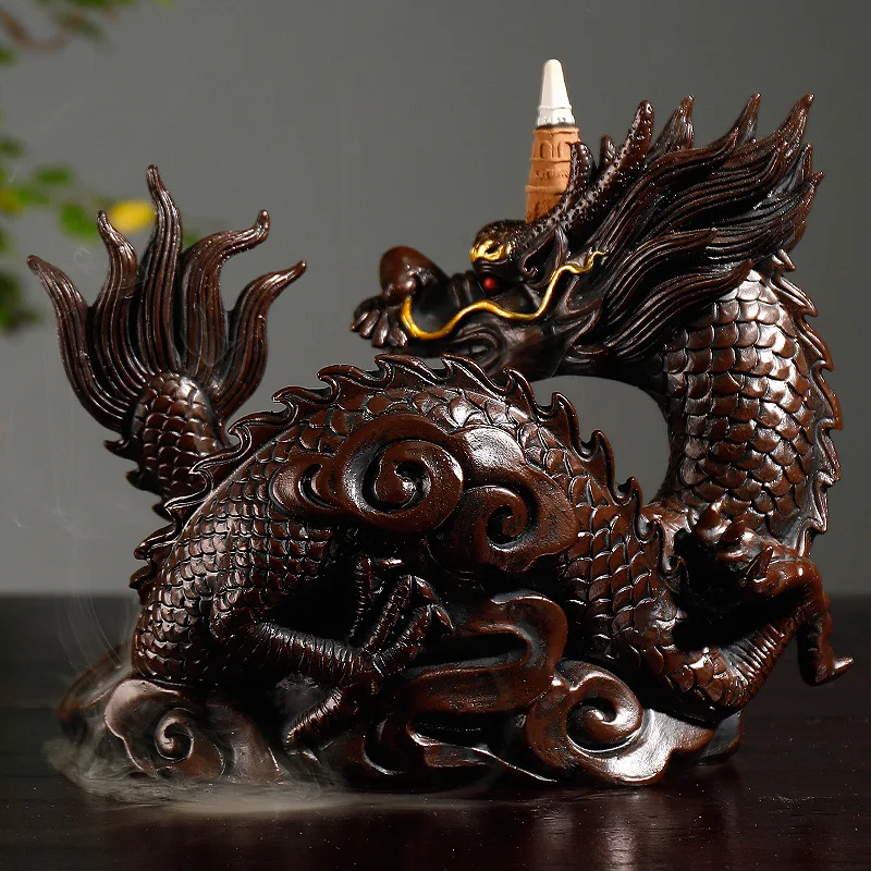 Resin Craft Home Desktop Decor Dragon Backflow Incense Burner with LED Light Crystal Ball Smoke Waterfall Incense Censer