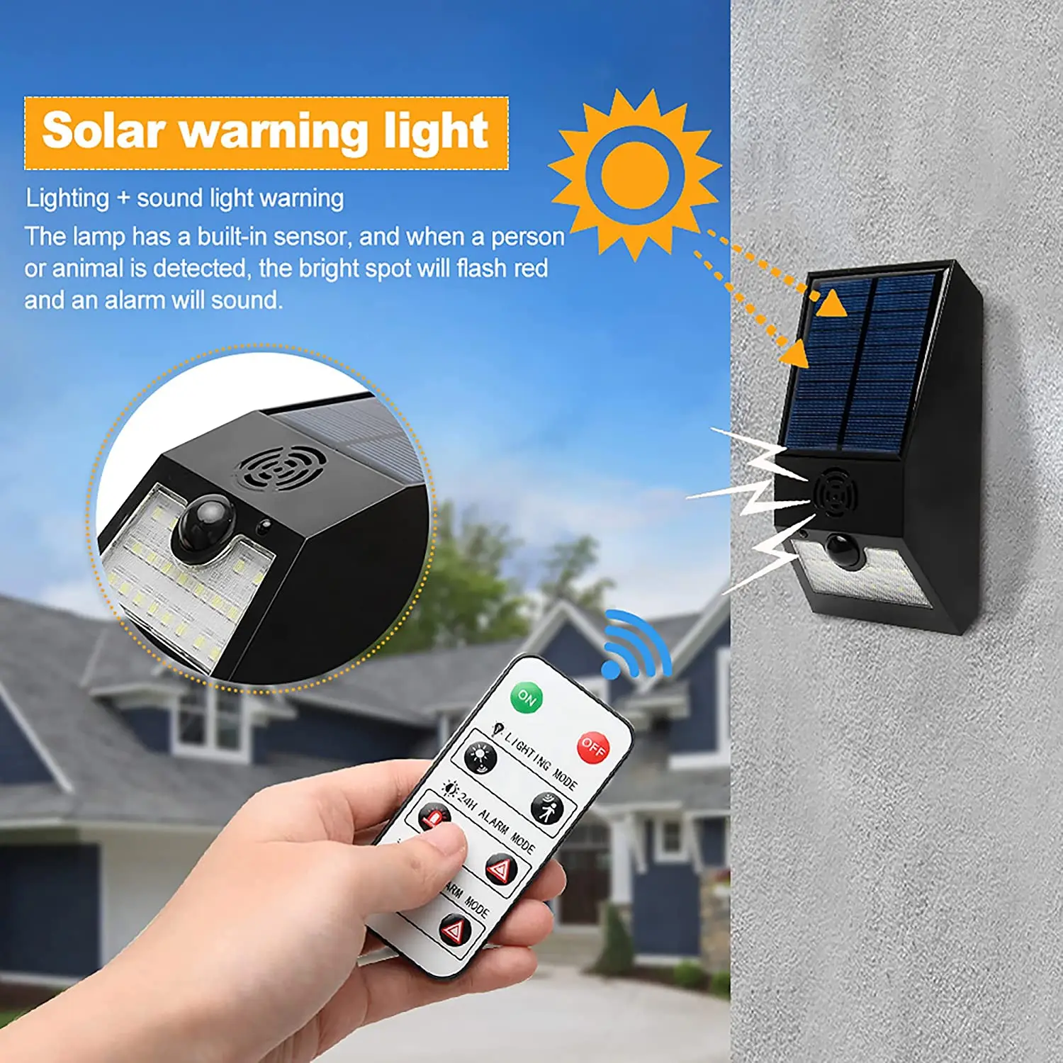 Solar Alarm Light, Solar Strobe Light with Motion Detector Solar Alarm Light, Motion Detector with Remote Control
